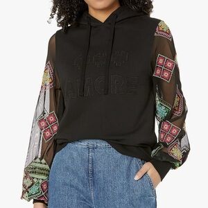 Desigual Amore Hoodie Women's M Black Embroidered Mesh Sleeve Sweatshirt Sheer